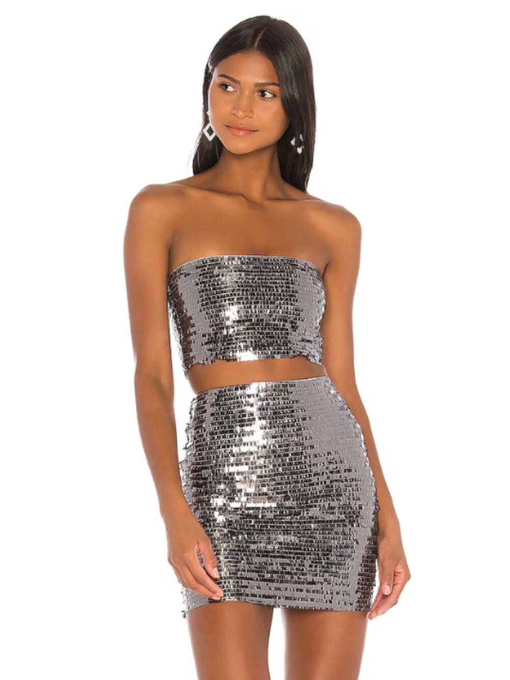 superdown Lila Fringe Sequin Skirt - Gunmetal Silver Size S